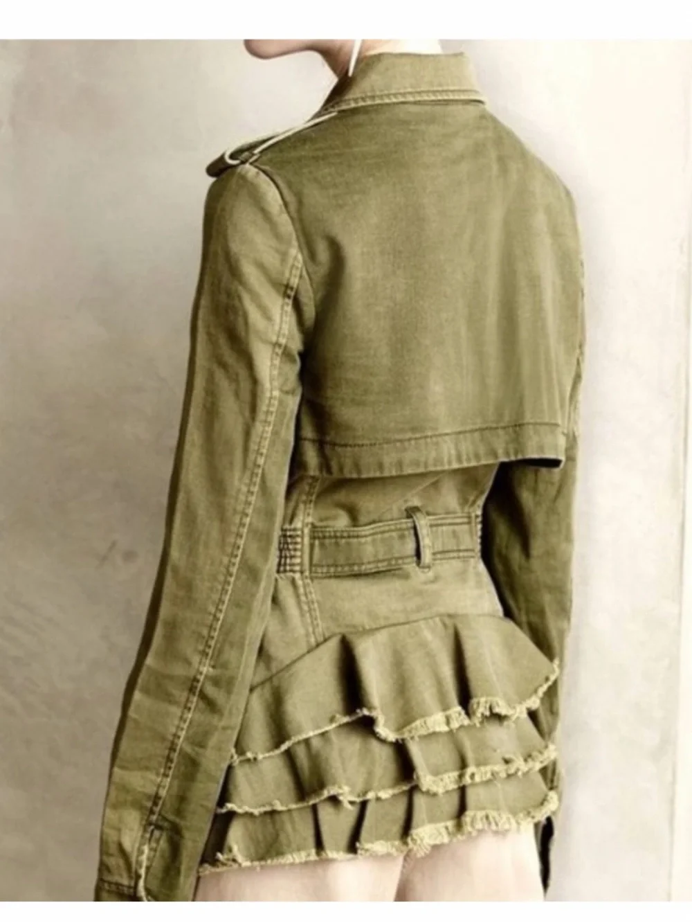 ANTHROPOLOGIE HEI HEI Modern Arty Ruffle Peplum Olive Utility Tie-Waist Jacket S